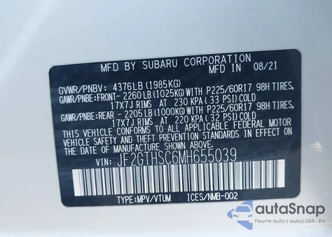 2021 Subaru Crosstrek Sport z USA, uszkodzony, nr VIN JF2GTHSC6MH655039